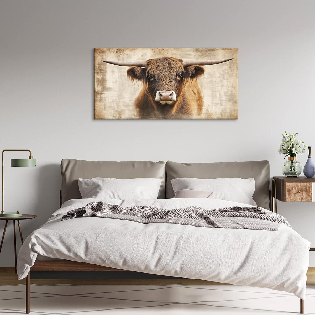 Beige Highland Cow Wall Art for Living Room Office Rustic Scottish Cattle Farmhouse Decor Painting Prints Distressed Canvas Artwork Dining Bedroom Decor (Farmhouse / Beige Rustic Cow Wall Art / 40"L x 20"W)