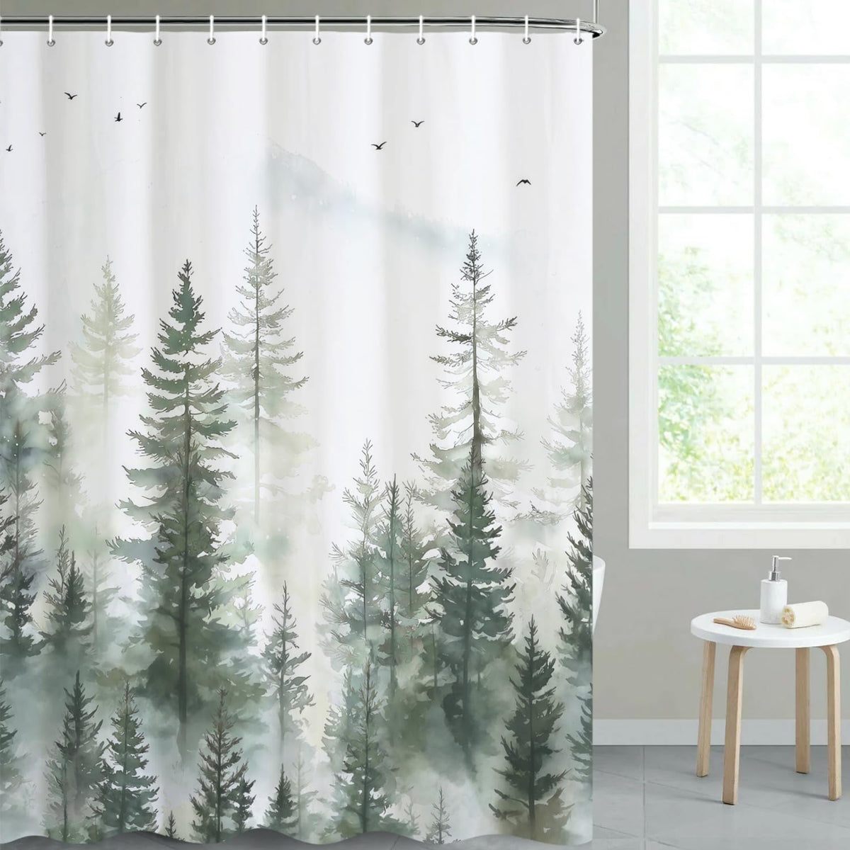 Watercolor Forest Shower Curtain with Hooks (Nature Forest)