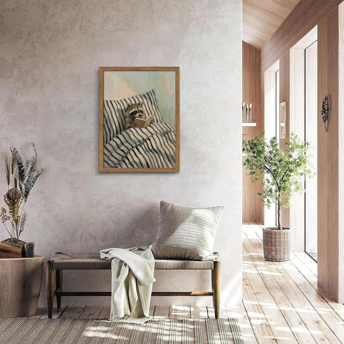 Funny Raccoon Reading Wall Art (Raccoon Lies In Bed Reading A Book / 24"L x 16"W)