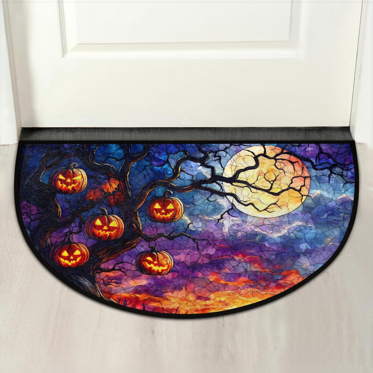 Moon Tree Half Round Door Mat Non Slip Washable Semi Circle Area Rug Absorbent Soft Half Moon Rug Floor Mat for Indoor Outdoor Kitchen Bathroom Patio Front Door Mat Decor (C2)