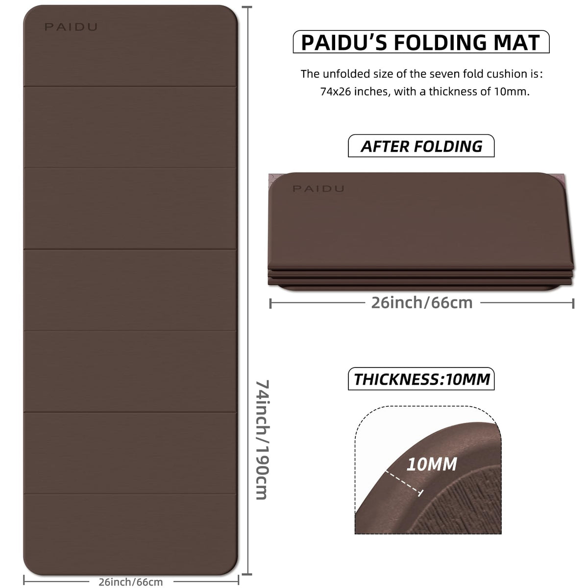 Foldable Yoga Mat 10MM Thick SGS Certified TPE 75x26" Portable (Dark Brown & Beige)