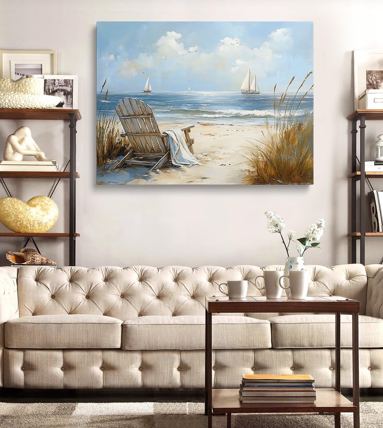 Peaceful Blue Sailboat Seascape Ocean Pictures Wall Decor Framed Coastal Landscape Beach Scene Wall Art Canvas Prints Sea Posters Beachy Scenery Artwork for Living Room Bedroom Bathroom (Seascape / 24"L x 16"W)