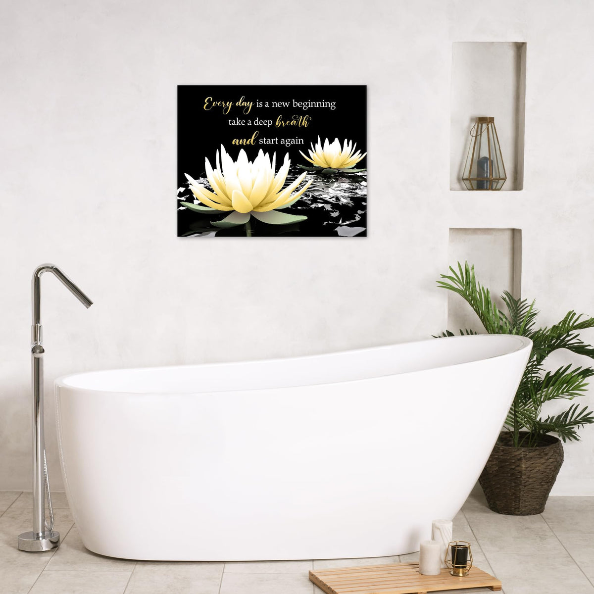 Yellow Flower Wall Art Inspirational Quotes with Water Lily Canvas Wall Art for Living Room Zen Yoga Modern Black Wall Decor for Bedroom Bathroom Home Office Ready to Hang 12L x 12W Inch (Yellow / 12"L x 12"W)