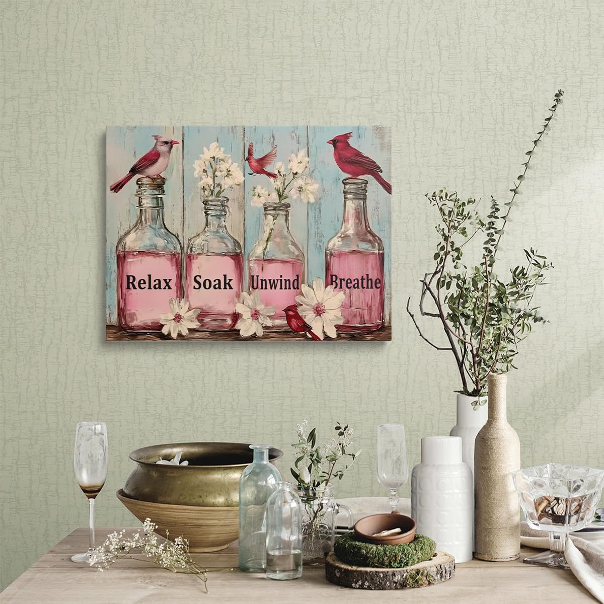 Framed Rustic Rustic Floral Cardinal Bathroom Decor Pink Flower Canvas Wall Art (Light purple / 12"L x 16"W)