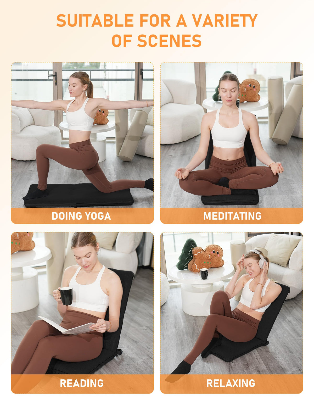 Adjustable Floor Chair with Back Support Foldable Meditation Chair (Black)