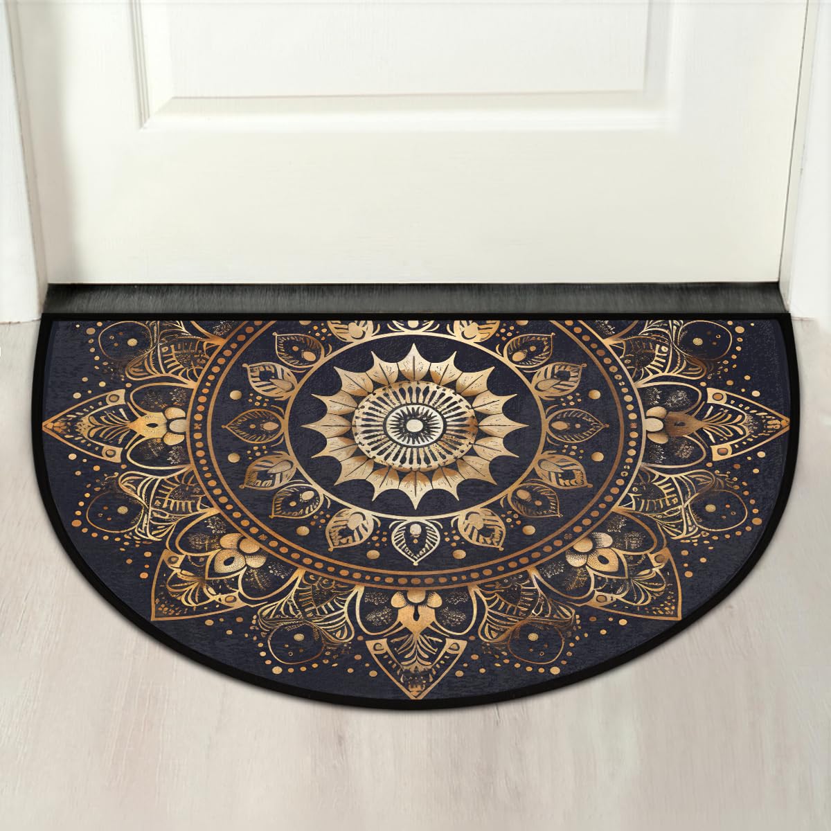 Half Round Door Mat Mandala Boho Bohemian Black Non Slip Washable Semi Circle Area Rug Absorbent Soft Half Moon Rug Floor Mat for Indoor Outdoor Kitchen Bathroom Patio Front Door Mat Decor (A3)