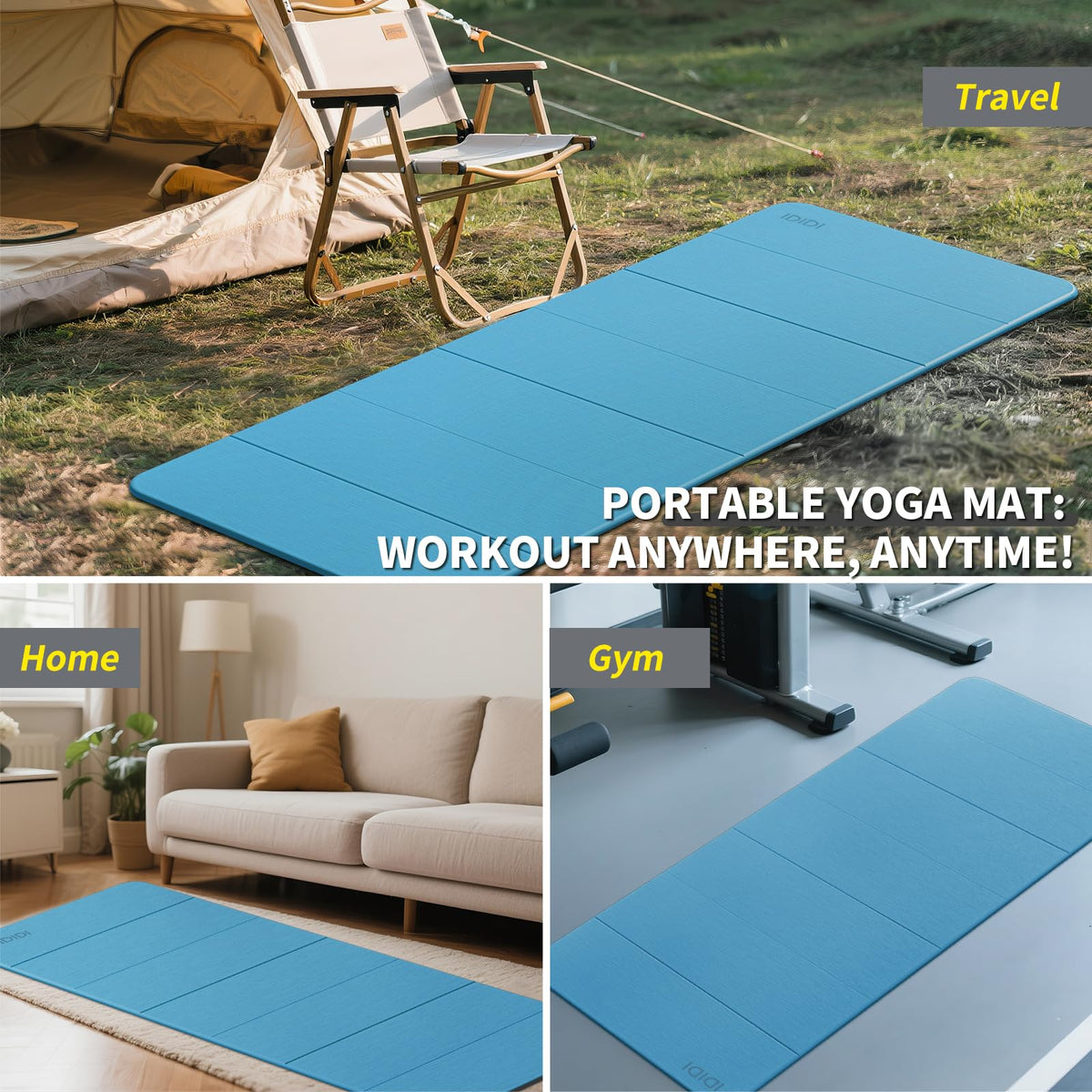 Foldable Yoga Mat Extra Large Wide 74"×31.5" (Blue+Black)