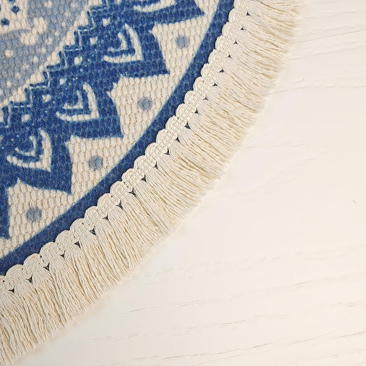 Boho Rustic Round Placemat for Dinning Table with Tassels (Blue)