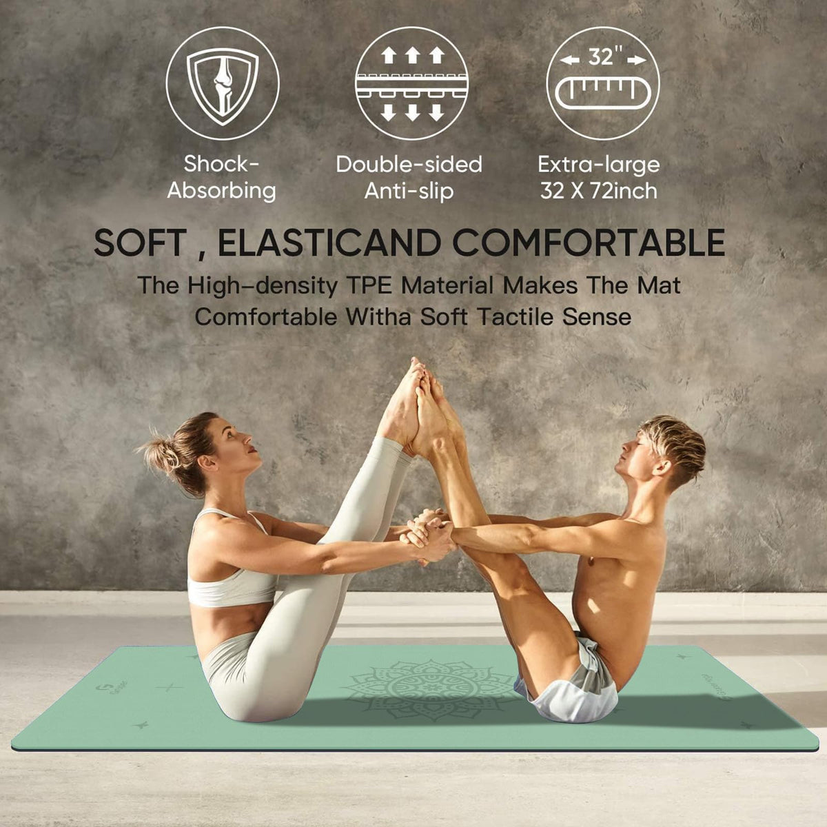 Yoga Mat Non Slip TPE Eco Friendly Fitness Exercise Mat with Carrying Strap Pro Yoga Mats for Workout Mats for Home Horizontal bottom line (Green Black / 0.32*32*72 Inches)