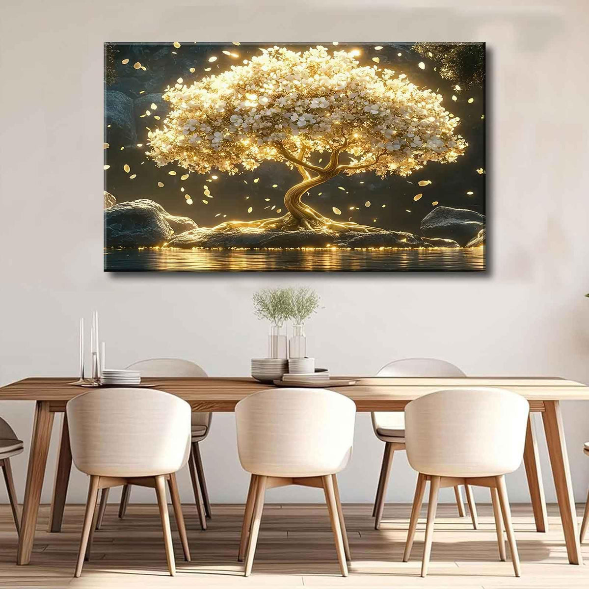 Large Tree of Life Canvas Wall Art Abstract Gold Tree Mountain Lake Decor painting Pictures Nordic Golden White Flowers Posters Prints for living room Bathroom Bedroom Office Hallway Home Decoration (Tree / 36"L x 24"W)