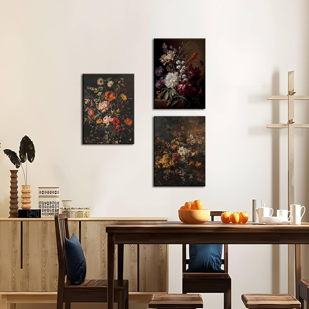 Moody Floral Wall Art Dark Academia Vintage Room Decor Art Print (Canvas Dark-3pcs / 12 X 16 Inches)