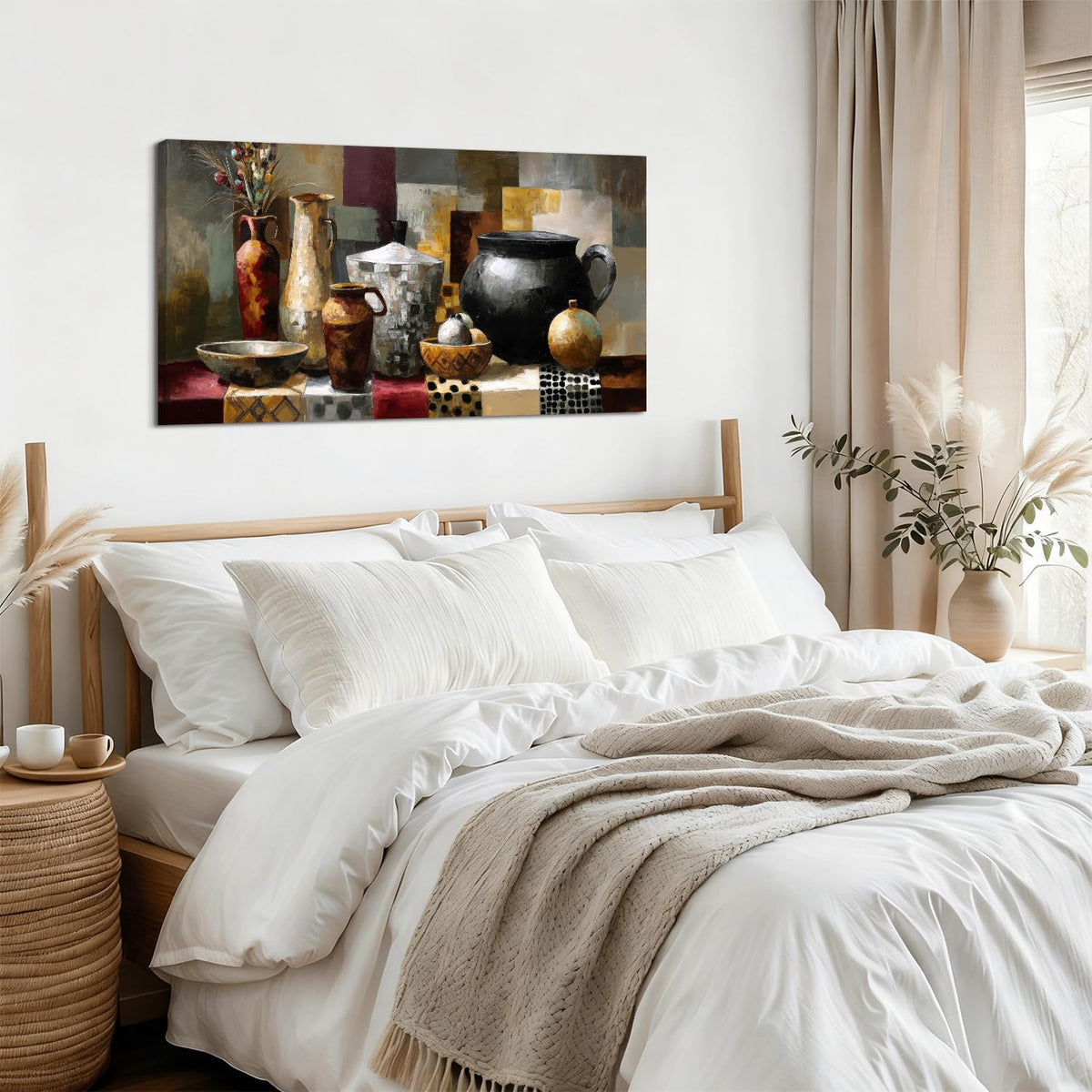 Vintage Dining Room Geometric Wall Art Abstract Antique Crocks Picture Kitchen Art Farmhouse Neutral Wall Decor Brown Vases Flower Painting Mid Century Modern Artwork Living Room Decorations 20x40" (40"L x 20"W / Jar)