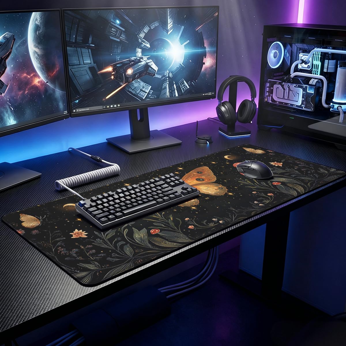 Celestial Moth Large Gaming Mouse Pad Vintage Mushroom Floral Moon Desk Mat (Celestial Moth / 31.5L x 11.5W inches)