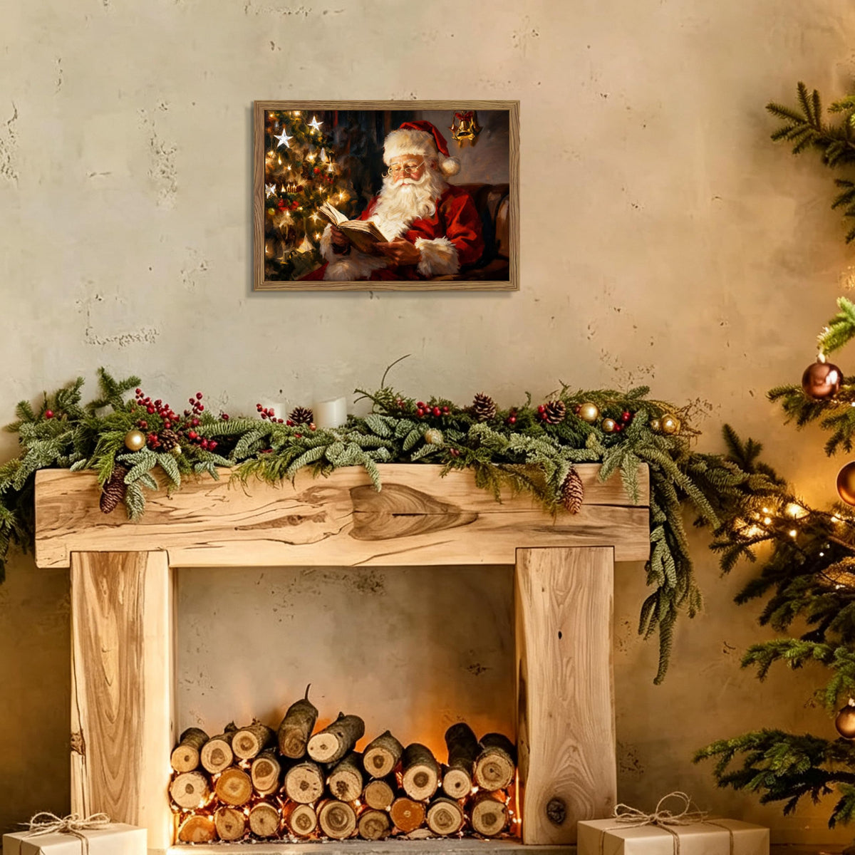 Vintage Christmas Canvas Wall Art (Santa Claus reading a book / 16"L x 12"W)