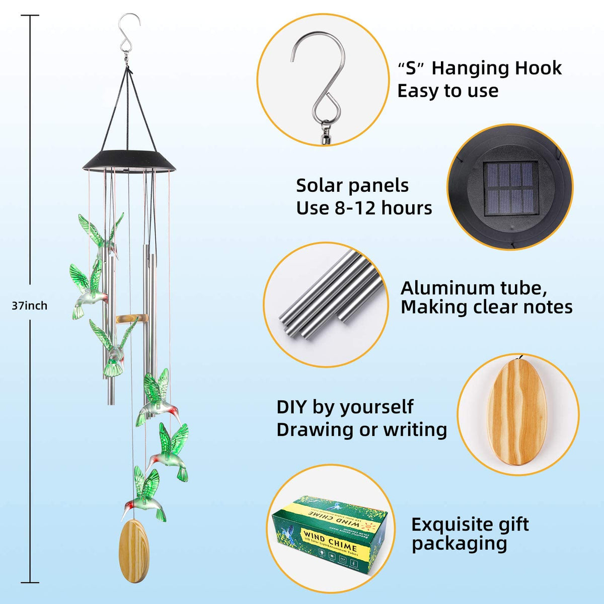 Wind Chimes Hummingbird Solar Wind Chimes for Outside (Green Hummingbird (Tube))