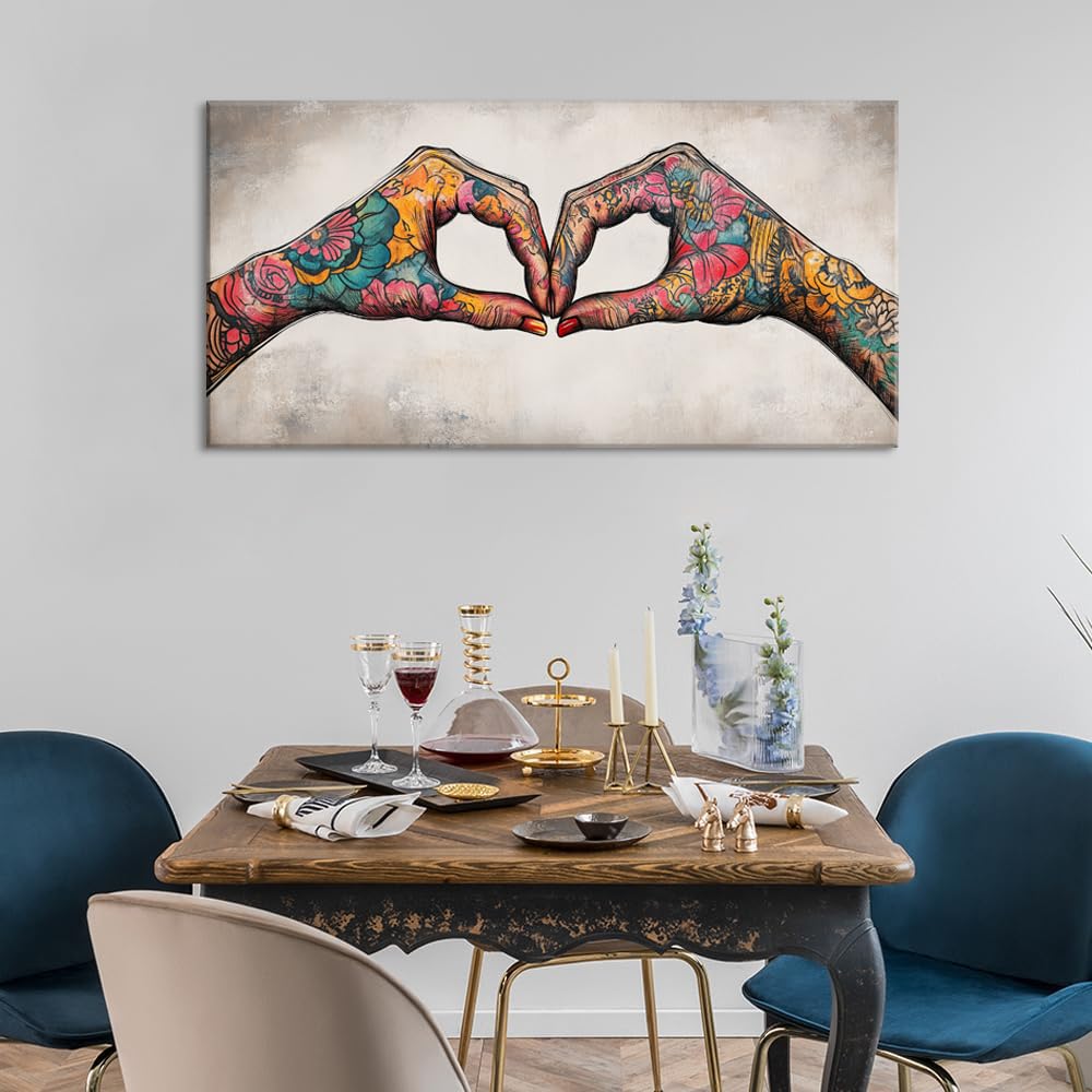 Colorful Two Tattooed Hands Heart Shape Wall Art for Living Room Office Romantic Gesture Contemporary Painting Prints Modern Canvas Artwork Dining Bedroom Decor Large (Contemporary / Colorful TwoTattooed Hands Wall Art / 46"L x 23"W)