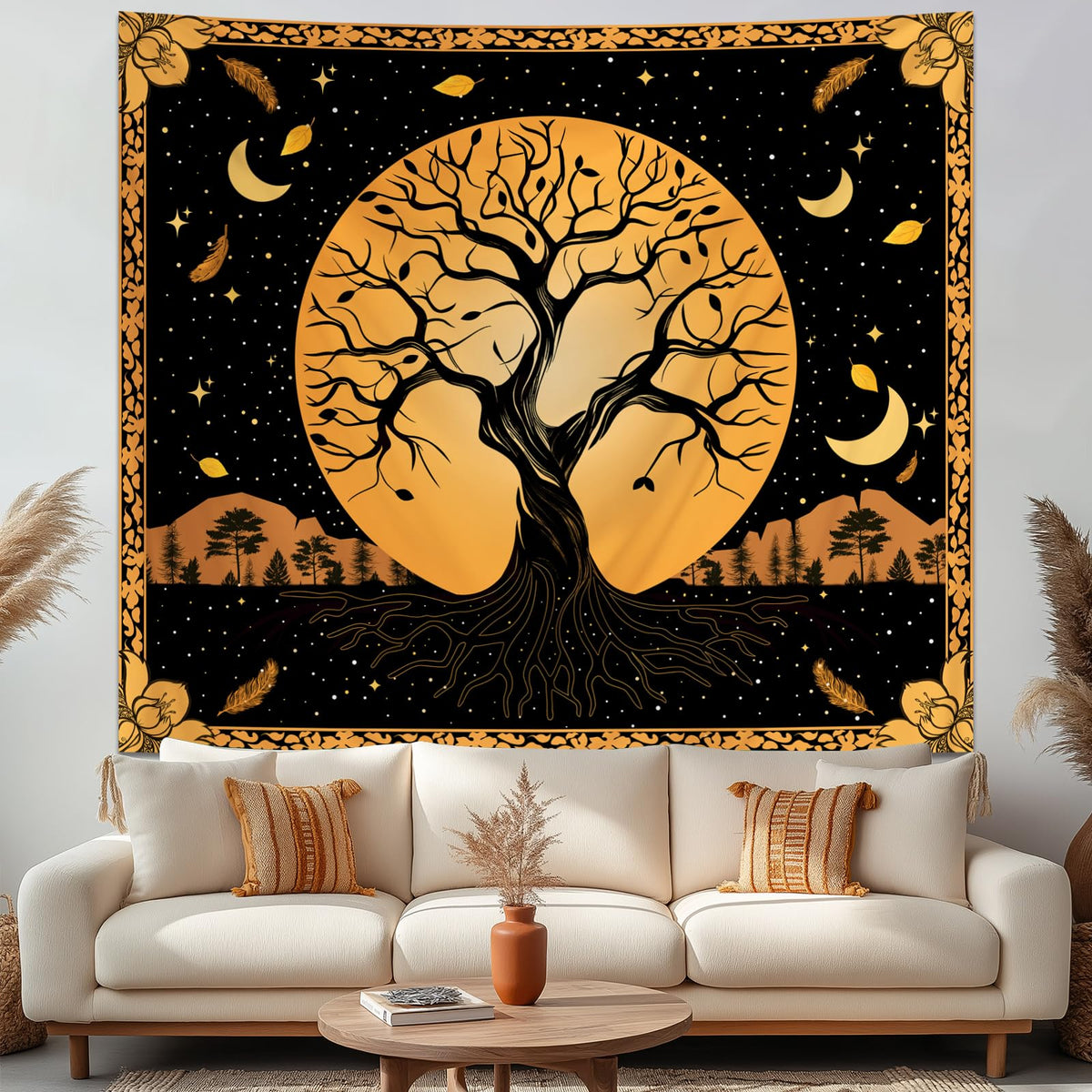 Tree of Life Tapestry for Bedroom Aesthetic (Orange Tree of Life Tapestry / 60"L x 51"W)