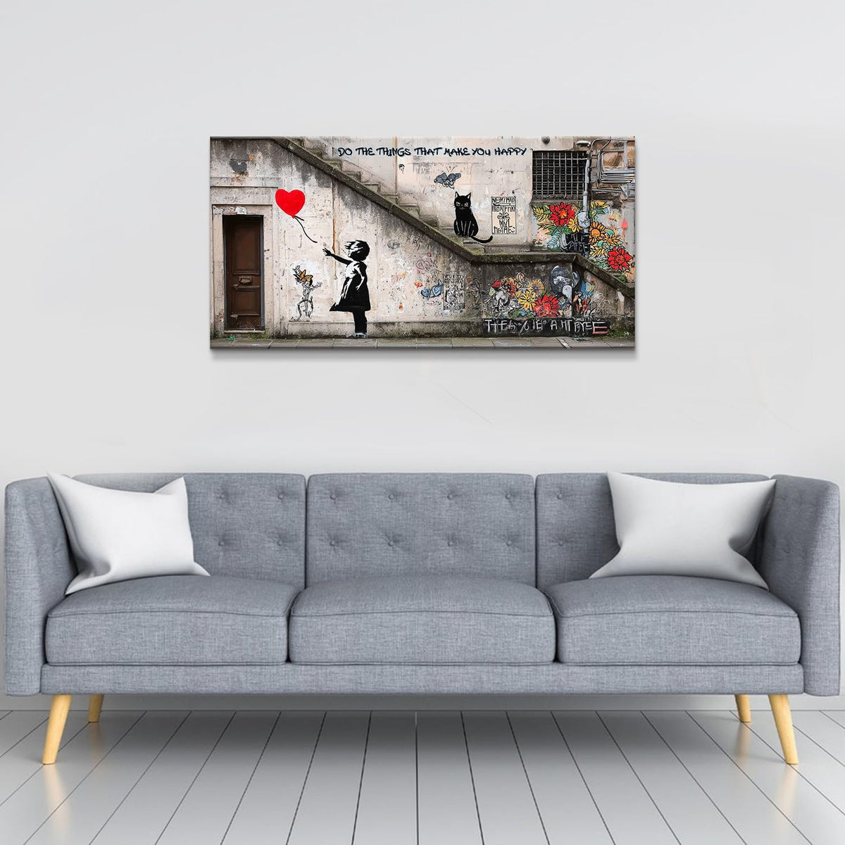 Banksy Wall Art Graffiti Wall Decor Little Girl with Red Balloon Picture for Bedroom Street Pop Art Canvas Prints Abstract Flower Black Cat Poster Modern Artwork Living Room Office Decorations 20x40" (40"L x 20"W / LGirl)