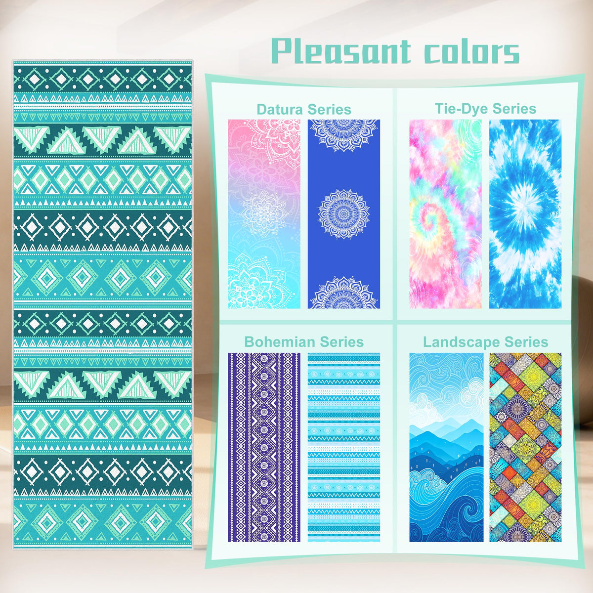 Yoga Towel Absorbent Yoga Mat Towel for Hot Yoga Non Slip (Green Triangle Geometry / Casual)