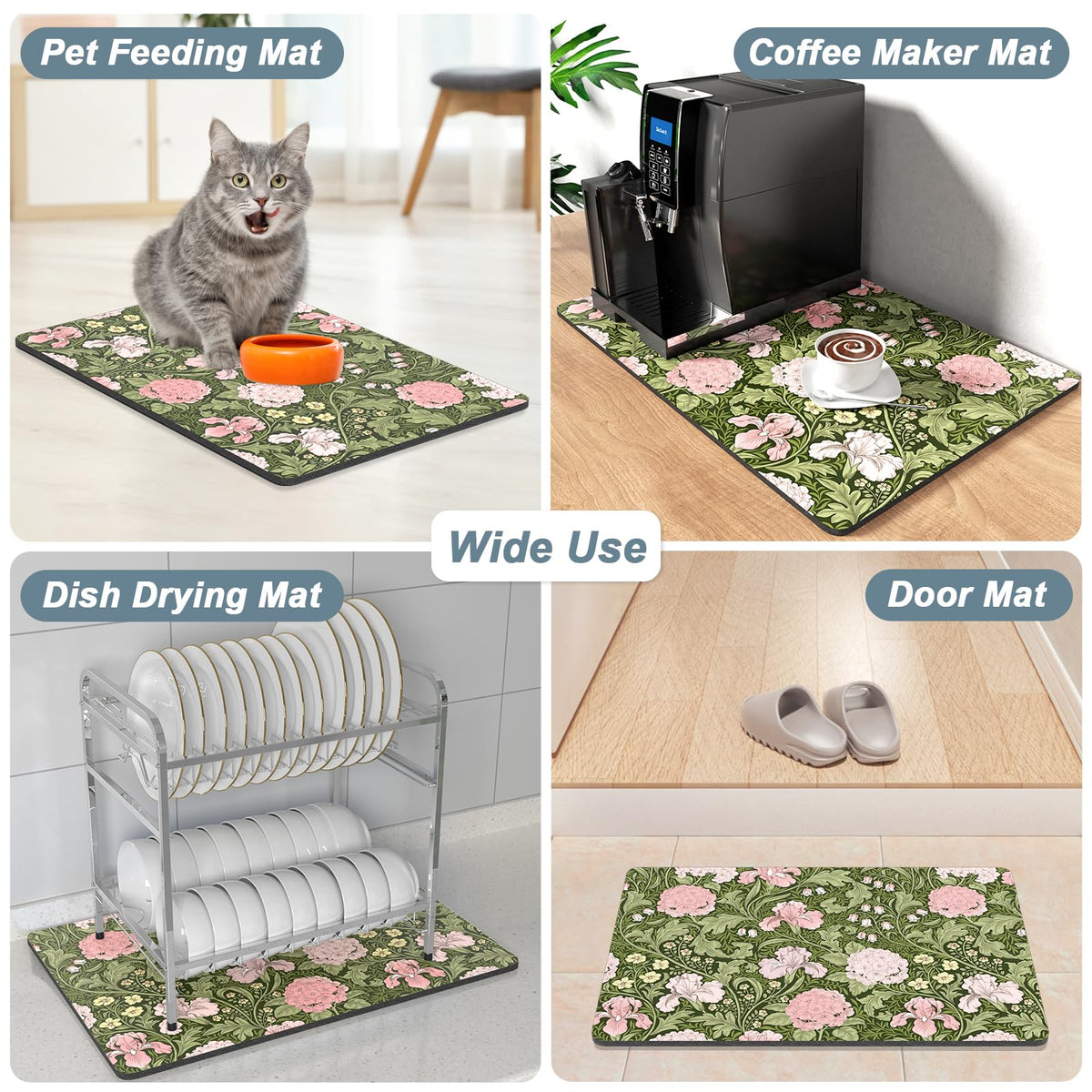 Coffee Mat 12" x 19" Coffee Bar Mats for Espresso Machine Station Accessories and Organizer (Pink Iris Hydrangea / 12" x 19")