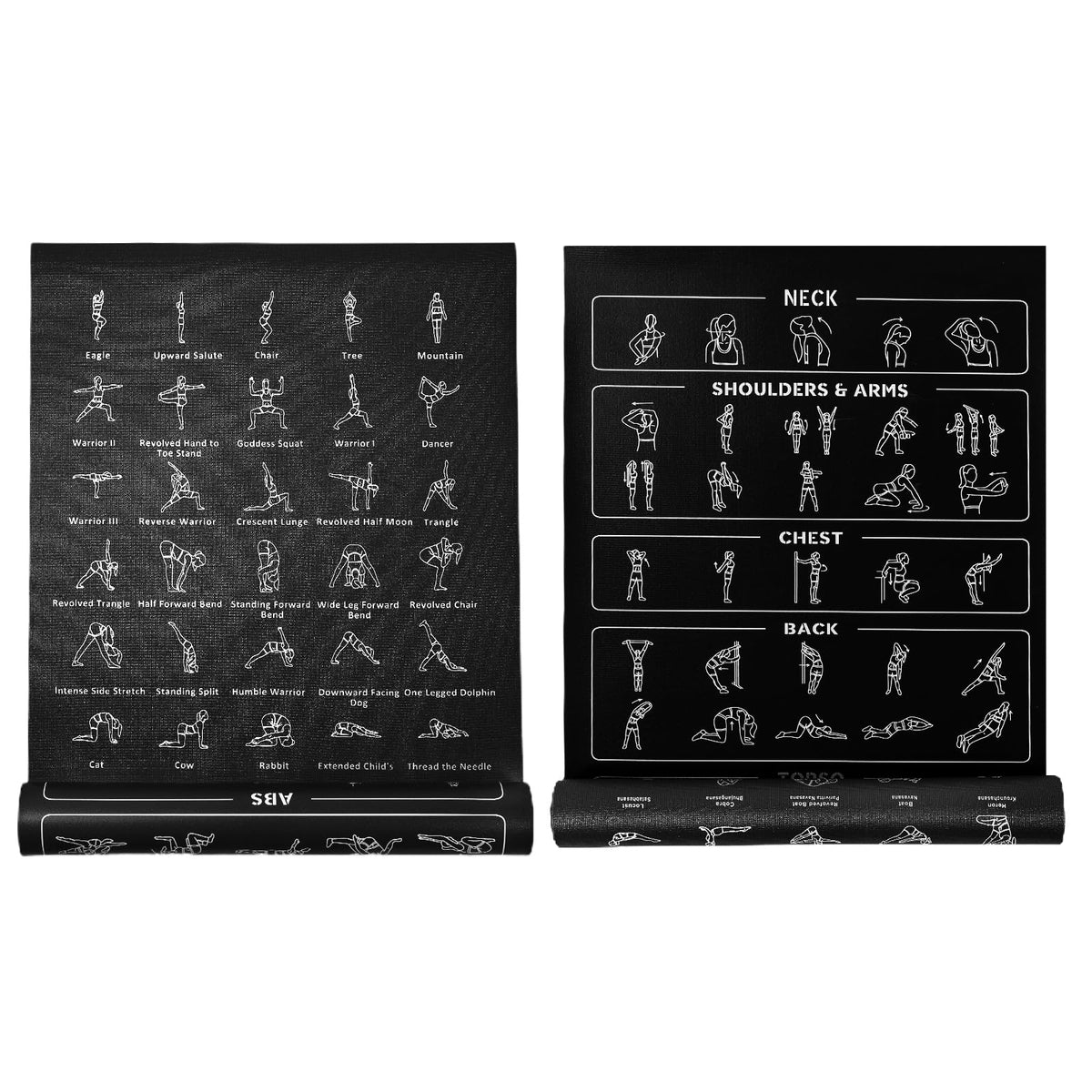 Instructional Yoga Mat with Poses and Stretches Printed 0.25" Mat (Black)