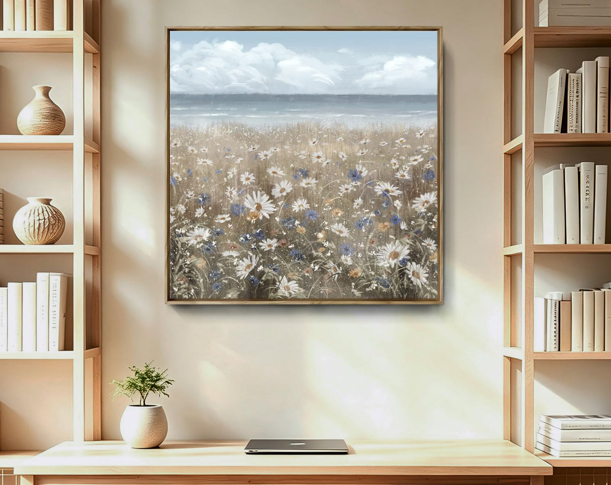 Framed Wall Art for Bedroom Decor Farmhouse Boho Beach Coastal Vintage Floral Ocean Wall Picture Daisy Flowers Sea Canvas Print Nautical Neutral Seascape Artwork for Home Living Room Bedroom Office (Coastal Flower Sea Art / 24"L x 24"W)