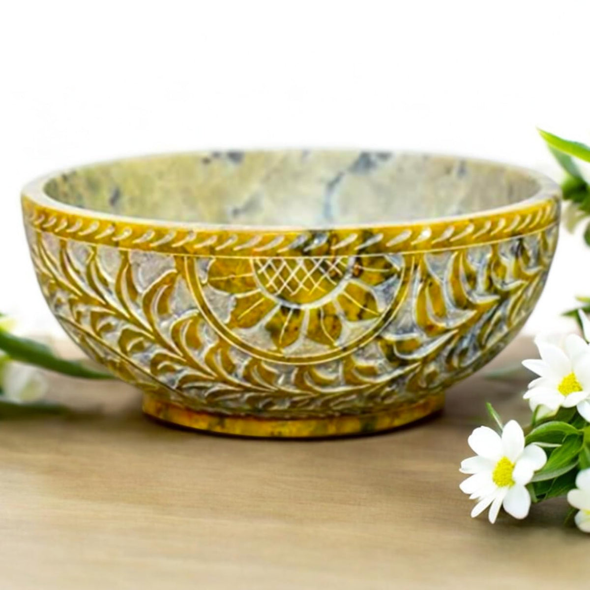 Soapstone Scrying And Smudge Bowl Pot Sun Floral Design Handmade Household Kitchen Table Decorative Gift 5 Inch (Sun Flower)