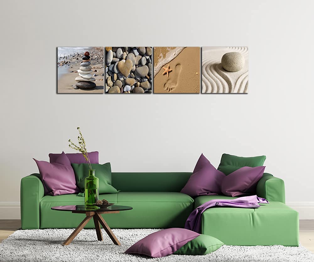 Canvas Prints Wall Art Romantic Beach Theme Zen Stone Pictures Paintings for Living Room Kitchen Home Decor Large Modern 4 Panels Stretched and Framed Seascape Sea Beach Artwork L (20x20inchx4pcs (50x50cmx4pcs))