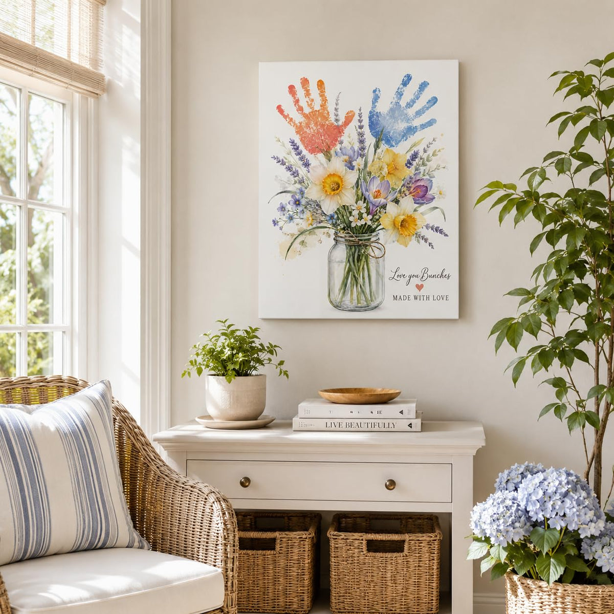 Handprint Floral Canvas Wall Art Framed Home Gift Home Decor 16x24 Inch (Floral Handprint / 24"L x 16"W)