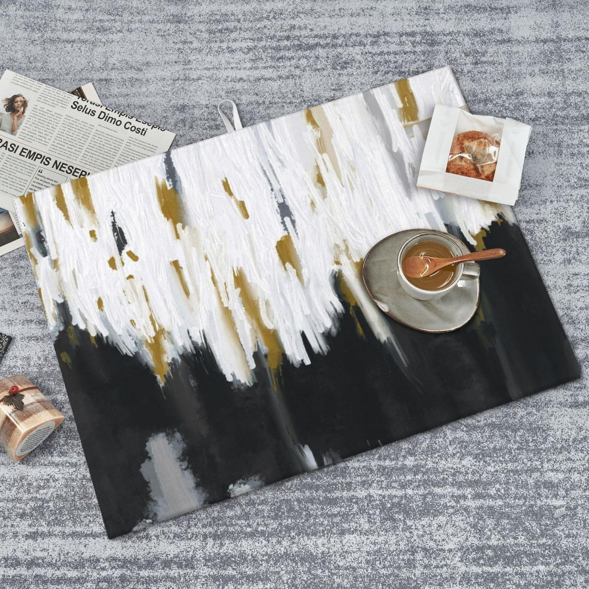Abstract Black Ombre White Gold Dish Drying Mat 18x24 Inch (Black White)