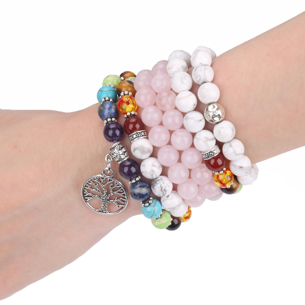 Necklace 108 Mala Beads Bracelet Buddhist Prayer Pendant Necklace (Rose quartz)