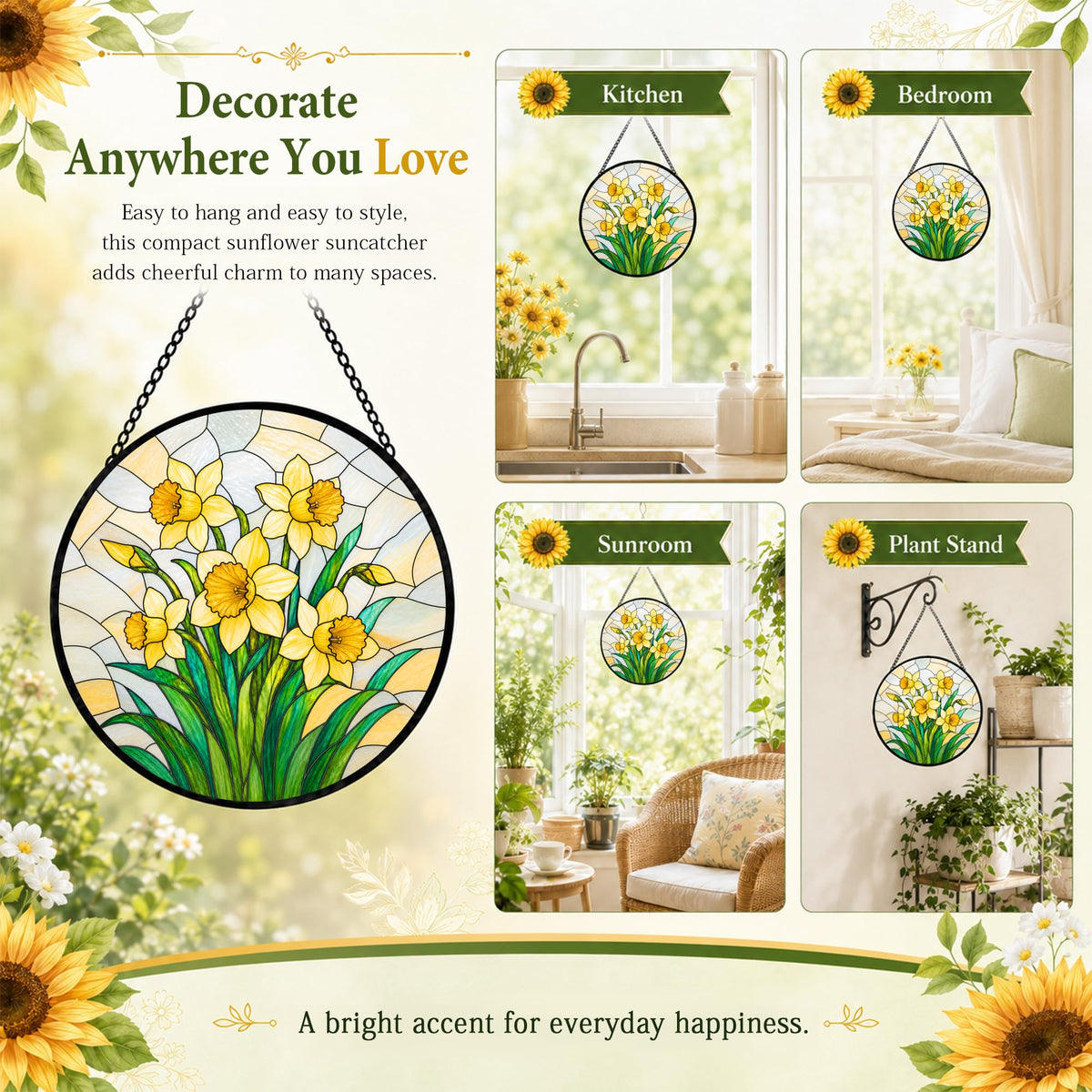 Daffodil Gifts for Women Suncatcher Stained Glass Window Hanging 9.8in (Daffodil / 9.8 x 9.8 IN)