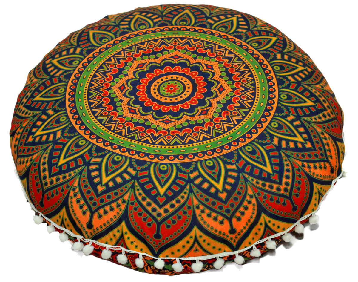 Round Mandala Floor Pillow Cover Seating Cushion Throw Cover Ottoman Pouf Cover Pom Pom Pillow Cases Hippie Decorative Bohemian Boho Indian 22 Inches (New Blue)