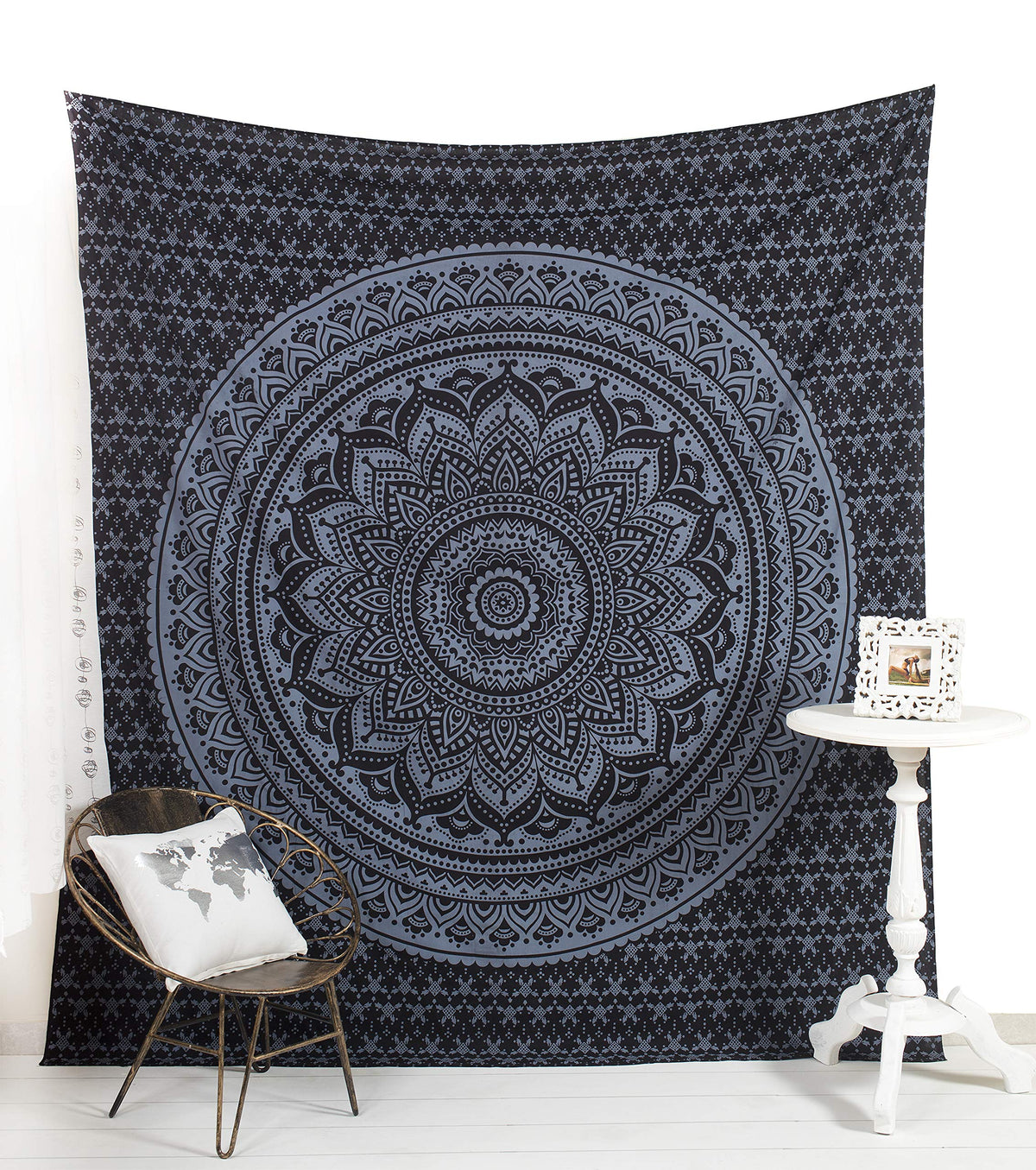 Tapestry Wall Hanging Hippie Mandala Bohemian Hippy Medallion Psychedelic Ombre Design Indian Tapestries Bedspread 84 x 90 Inches (90"L x 84"W / Black and Grey)