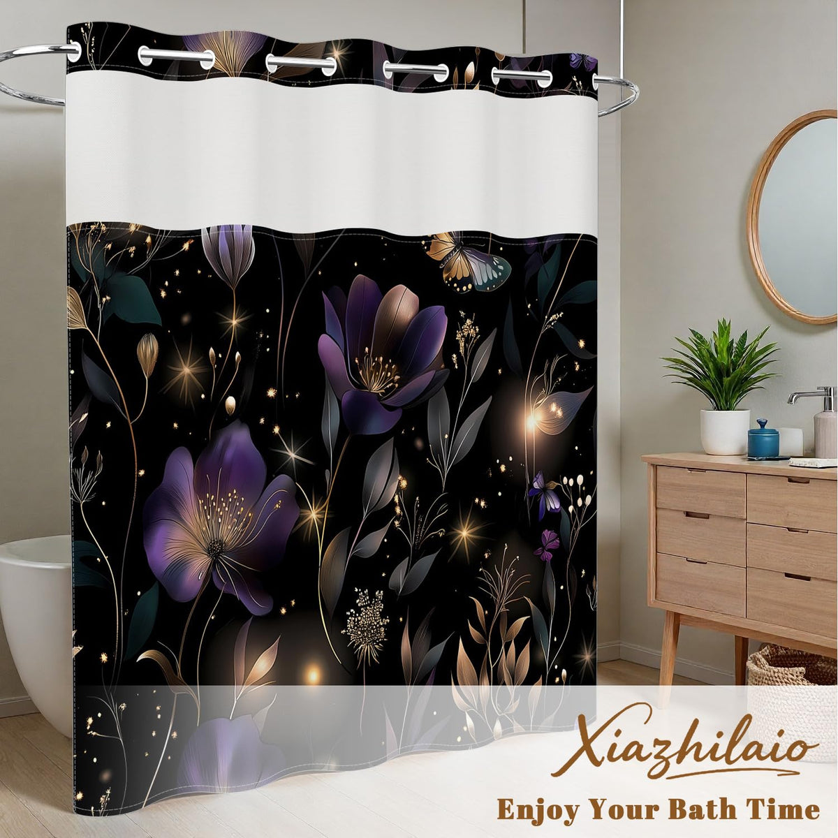 Dark Floral Bath Shower Curtain with Snap in Liner (Dark Floral)