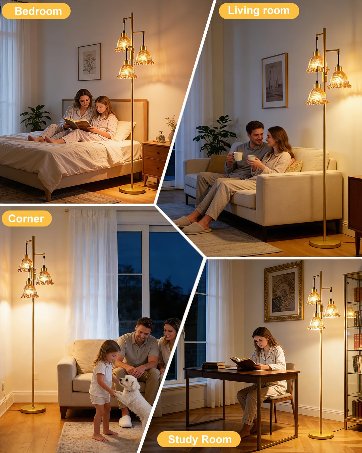 Amber Flower Glass Floor Lamp 3 (3 Amber Flower-Gold)