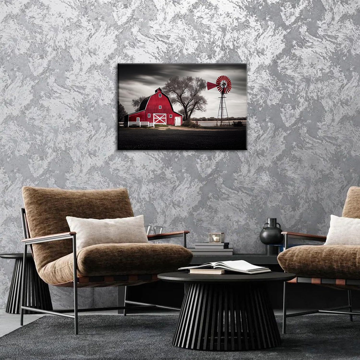 Black and White Barn Canvas Wall Art Farmhouse Nature Landscape Windmills Picture for Living Room Decoration Country Farm Red Barn Framed Painting Rustic Print Artwork Bedroom Modern Home Decor 20x30 (30"L x 20"W / Red Bran)