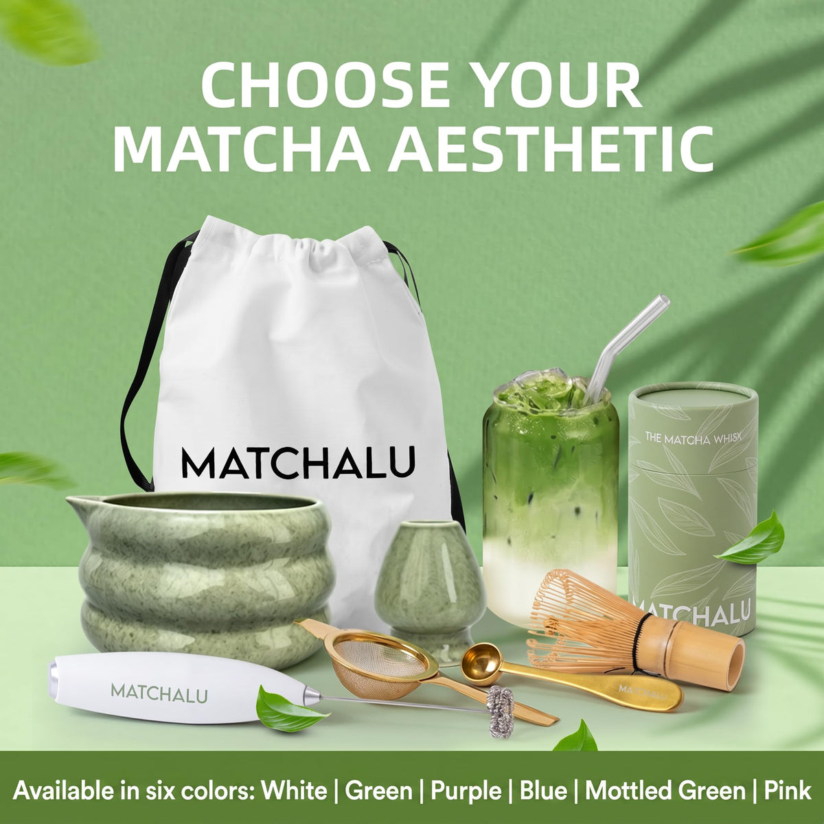 Matcha Whisk Set With Ceramic Matcha Bowl (Mottled Green)