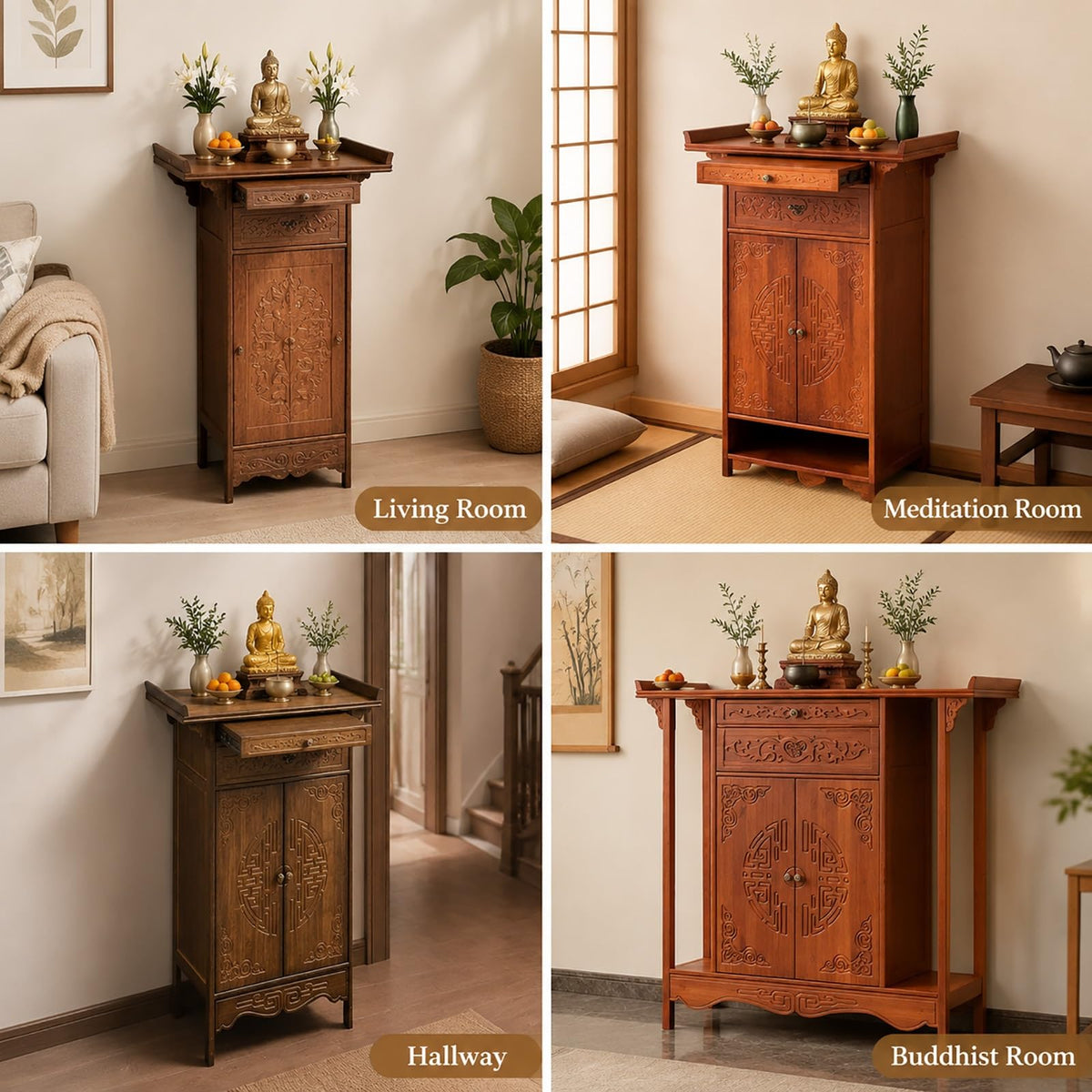 Wooden Meditation Shrine Desk with Storage Cabinet and Drawer (Red / L39.4in/100cm)