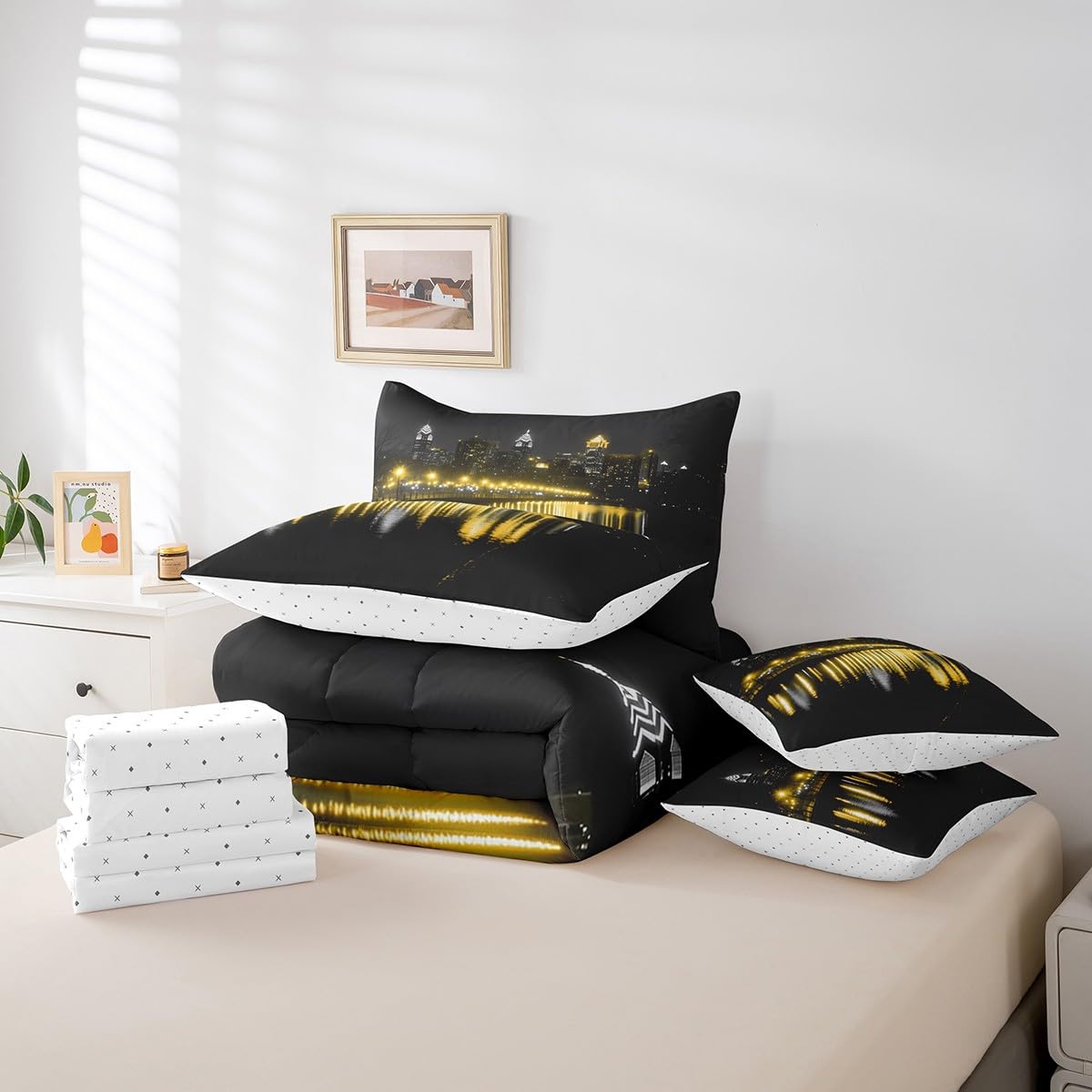 Golden Gate Bridge Comforter Set with Sheets Twin Size Kids Nightscape 7 Piece Bedding Set All Season Teens City Scenery Bed in A Bag Breathable Soft Lightweight Black Yellow Room Decor (Carbon Black Yellow / Twin)