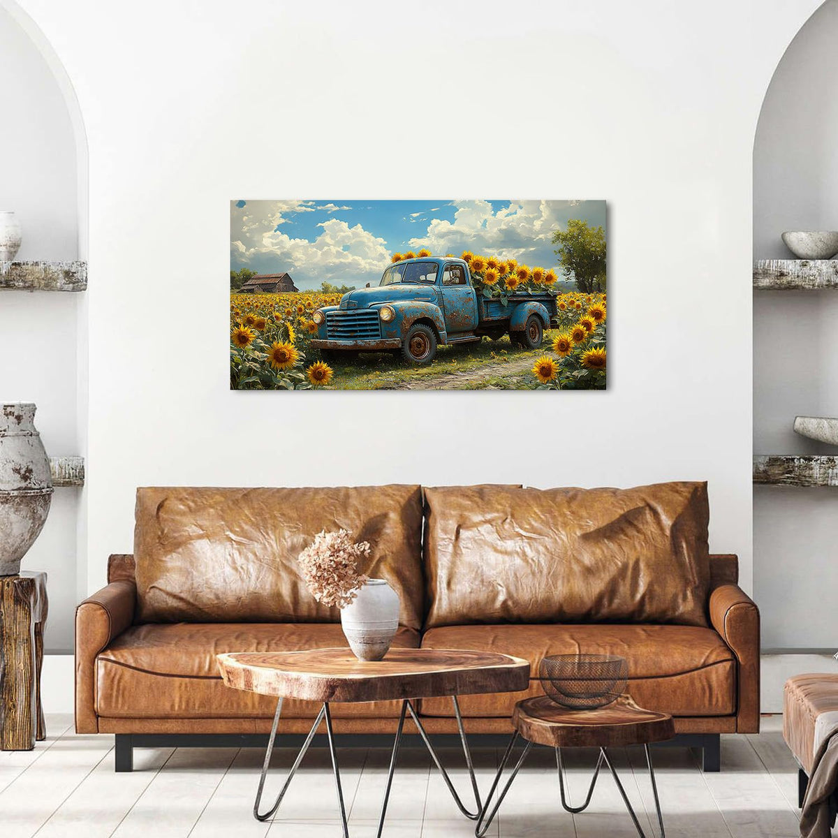 Sunflower Pictures Wall Decor Farmhouse Barn Truck Wall Art Sunflower Field Canvas Prints for Bedroom Bathroom Vintage Yellow Flowers Landscape Painting Artwork for Living Room Home Decorations 20x40" (40"L x 20"W / Sunflower)