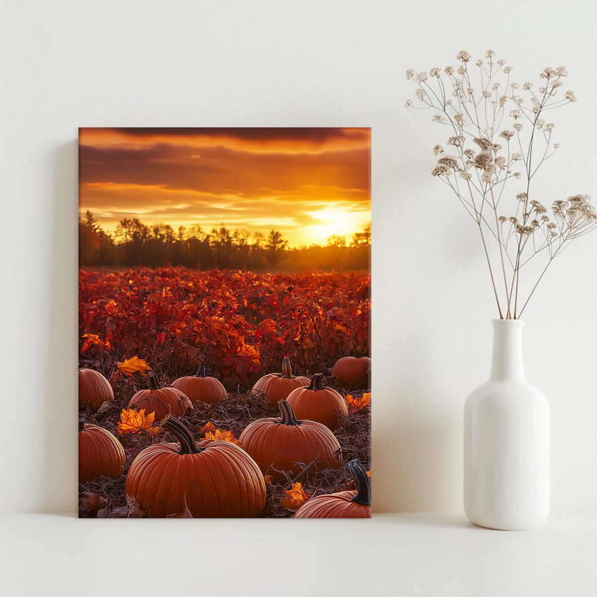 Pumpkin Field Landscape Wall Art Nature Sunrise Pictures Wall Decor Vintage Country Autumn Painting Canvas Prints Orange Maple Leaf Scenery Poster Modern Artwork for Living Room Home Decoration 12x16" (12"L x 16"W / Fall04)