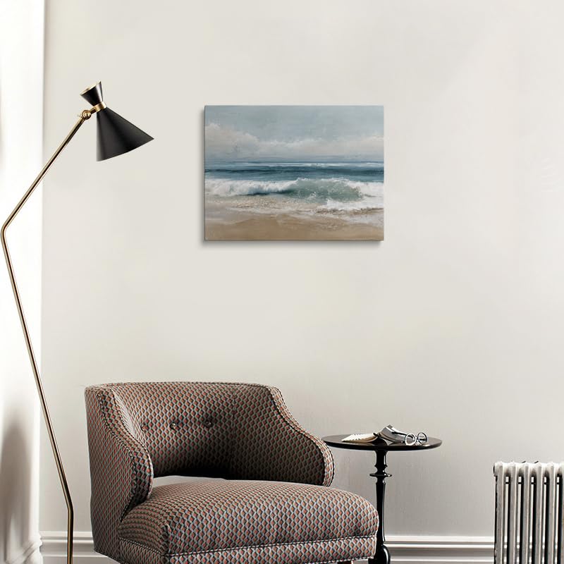 Calming Beach Seascape Canvas Wall Art Framed Serene Painting Ocean Waves Blue Teal Green Layers Sandy Shore Soft Horizon Coastal Wall Decor Artwork Print Poster 16x24 Inches (sea / 24"L x 16"W)
