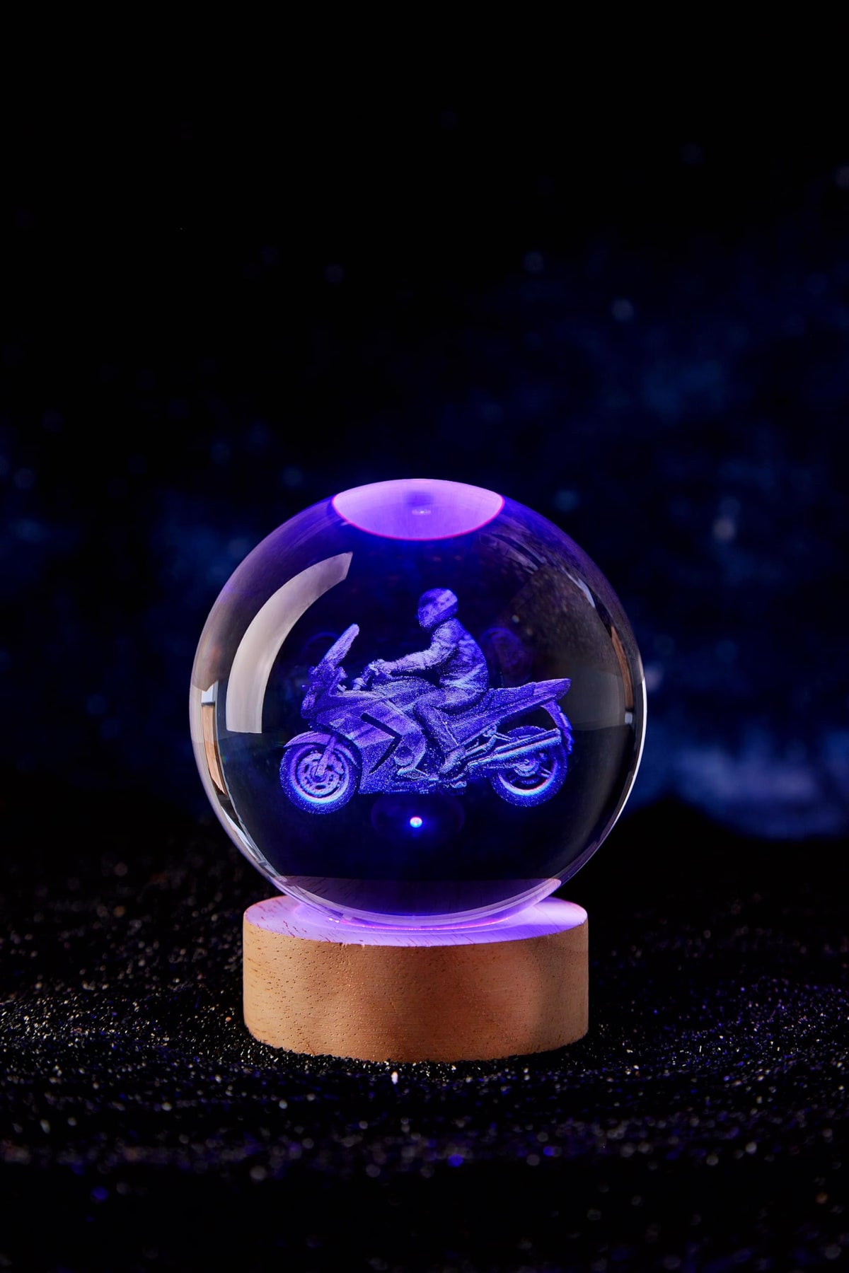 Large Motorcycle Crystal Ball Night Light with Woodern Base (motorcycle)