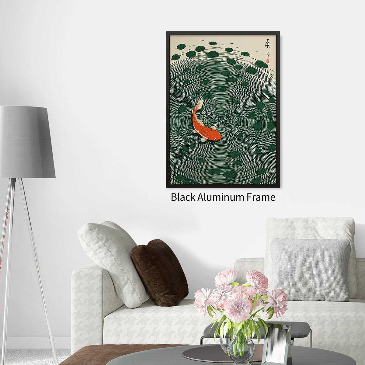 Japanese Koi Fish Black Framed Poster Oriental Asian Lucky Carp Canvas Wall Art 24x36 inch Retro Japan Room Aesthetic Print Minimal Green Painting for Zen Water Living Room Office Decor Ready to hang (Black Framed / Japanese Koi Fish / 36"L x 24"W)