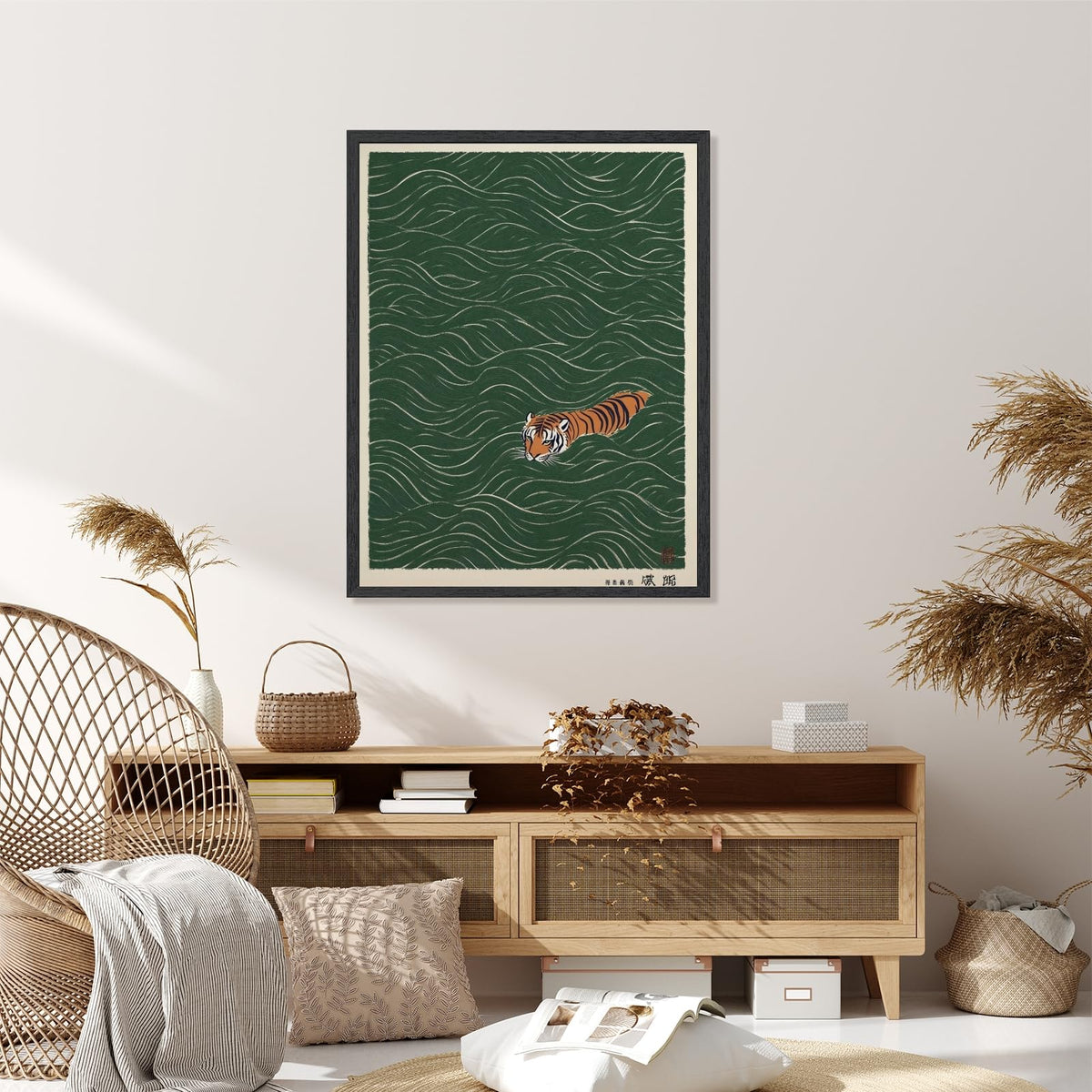 Funny Japanese Tiger Swimming Canvas Print Vintage Ukiyo (16"L x 24"W / style-3 Black Frame)