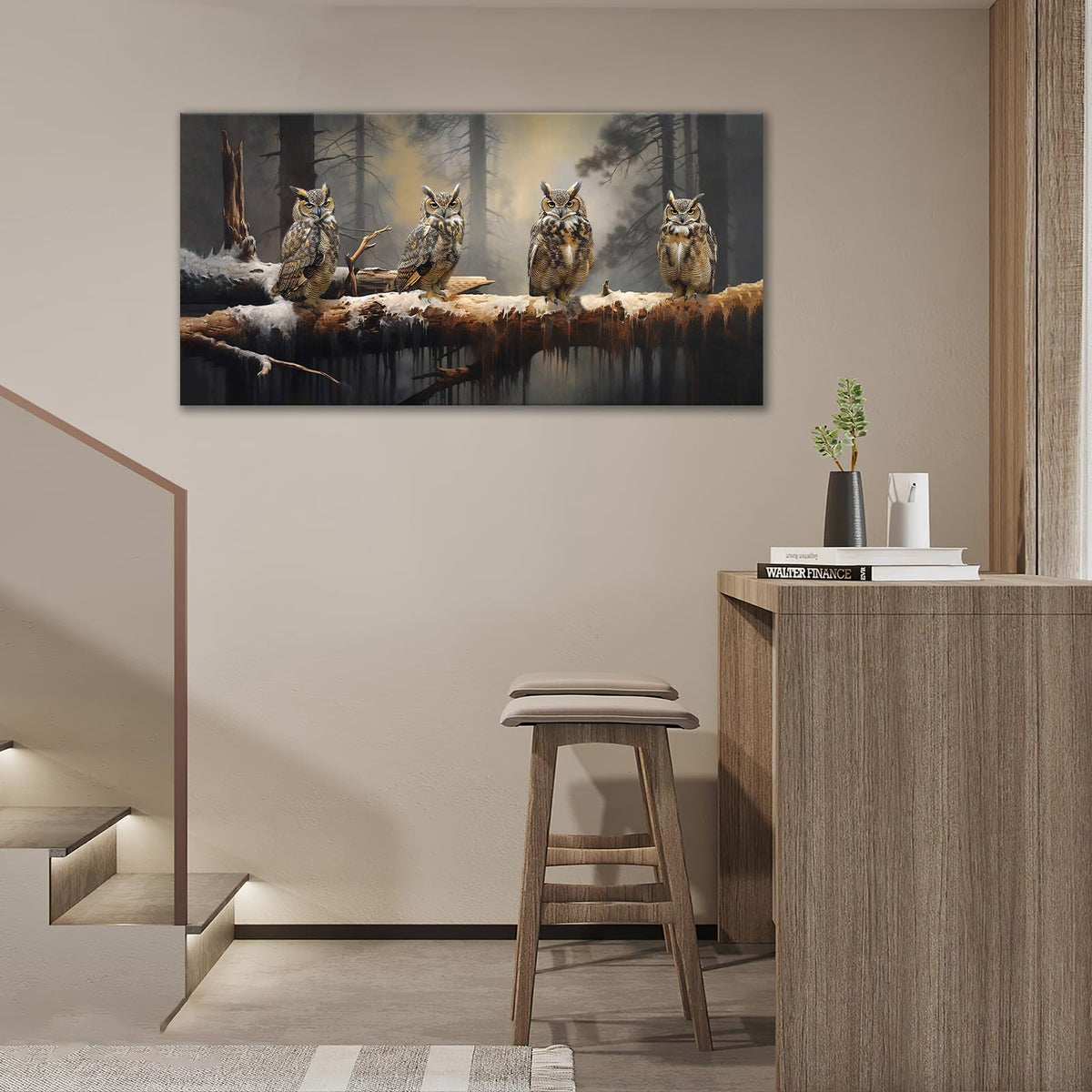 Owl Wall Art Four Owls On The Branch Pictures Large Wall Decor Misty Forest Animals Canvas Print Painting Home Bird Decoration Modern Framed Artwork for Living Room Bedroom Office Home 60"x30" (60"L x 30"W / Four Owls on The Branch)
