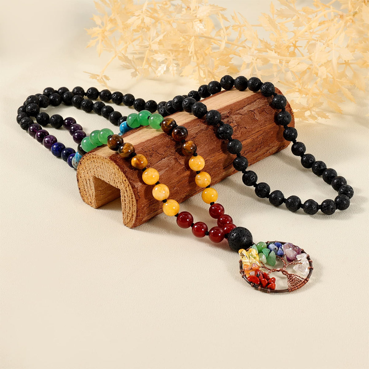 108 Mala Beads Necklace Life Tree 7 Chakra Wrap Bracelet Real Gemstone Yoga Meditation Hand Knotted Mala Prayer Bead Necklace (8mm / Lava Rock Stone)