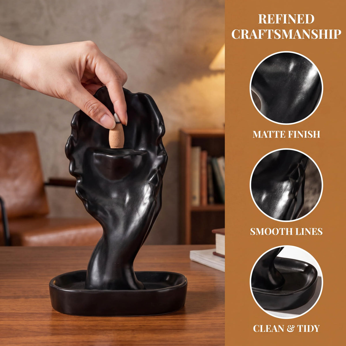 Black Women Face Ceramic Incense Holder Backflow Incense Burner for Cone (Black Women Face Statue)