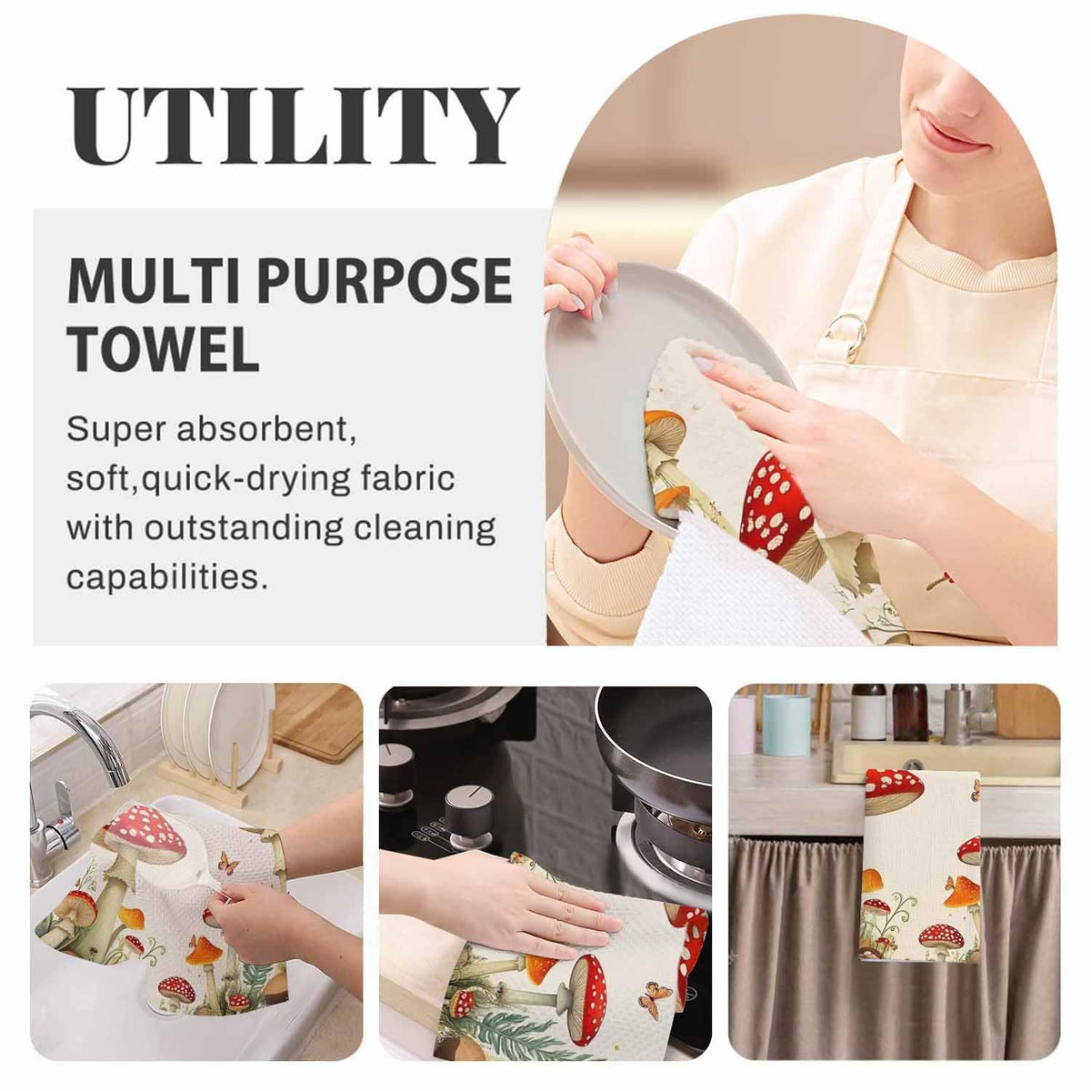 Mushroom Moon 2Pcs Kitchen Towels Butterfly Leaf 16X24 Inch Ultra Soft Tea Towel Super Absorbent Terry Dish Towels for Kitchen Linens (Mushroom Moon)